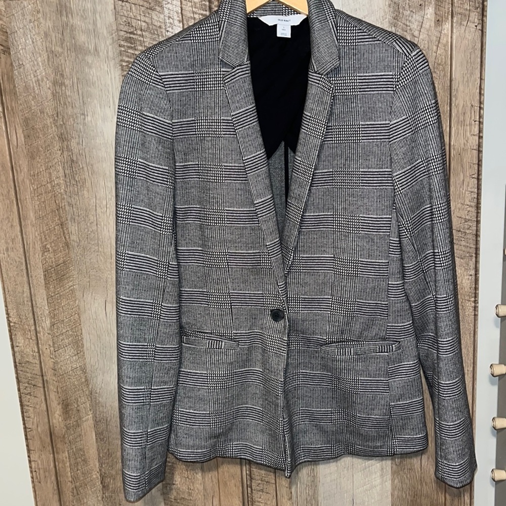 Old Navy black and white herringbone pattern knit blazer size small tall